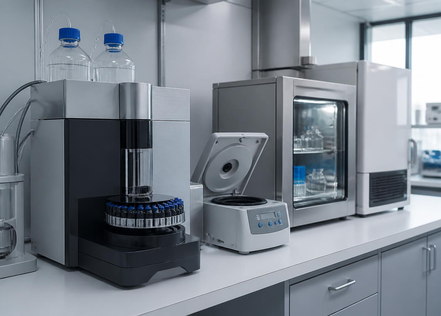 Equipamentos laboratoriais instalados em bancada técnica
